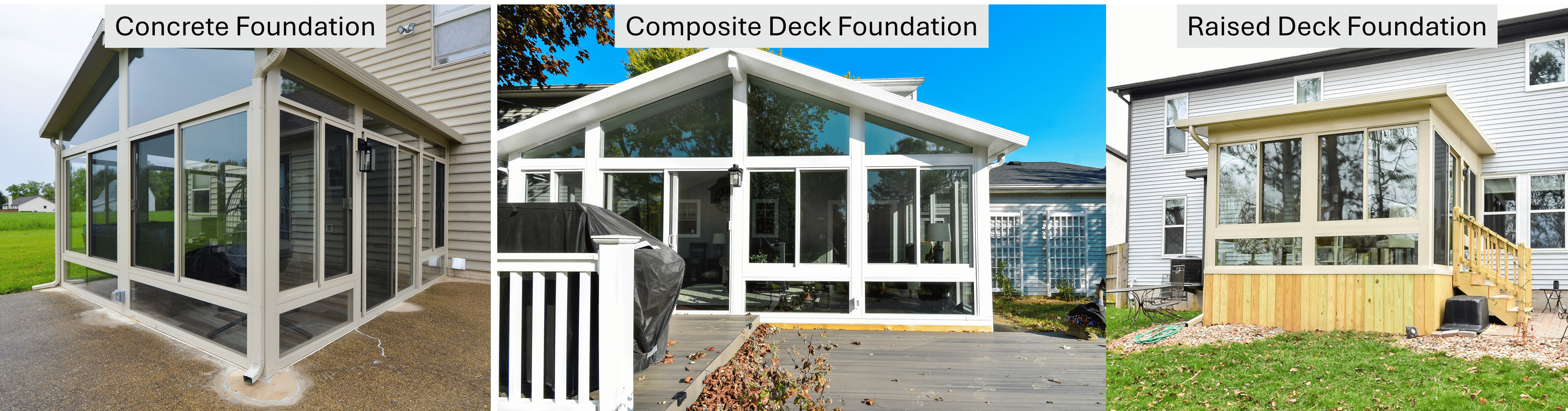 Images showing concrete pad, ground level deck, and raised deck sunroom foundations