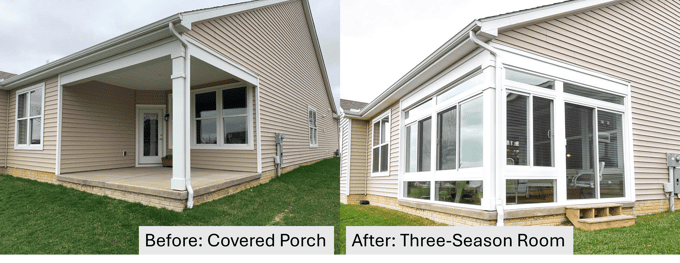 Before and after of a covered porch to a three-season sunroom